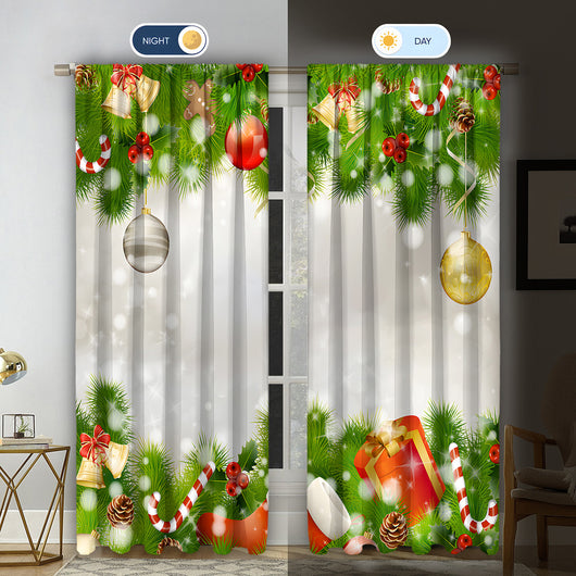 Pair of Christmas curtains with a 3D digital print of a snowy winter window scene, frosted trees, and snowflakes. - Image 24