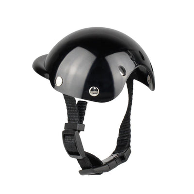 Black pet helmet with an adjustable chin strap and a pair of black pet goggles with an elastic strap. - Image 4