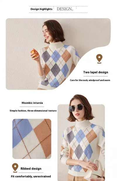 Suéter de Cachemira Pura con Cuello Alto y Detalle de Incrustación Geométrica - Image 7