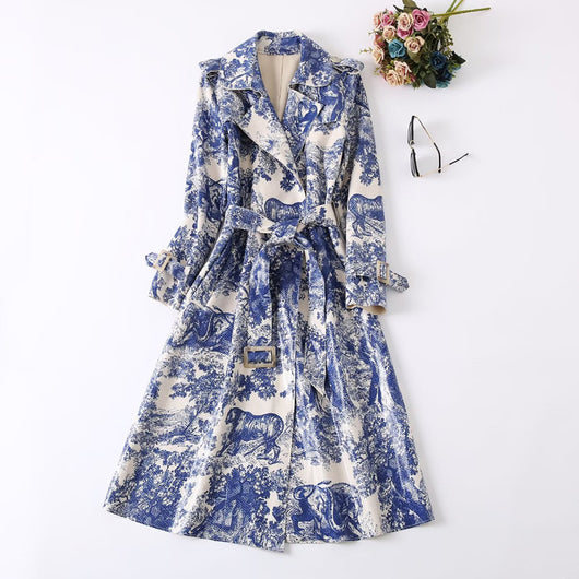 Abrigo Trench Estilo Retro con Estampado Animal y Cintura Ajustable