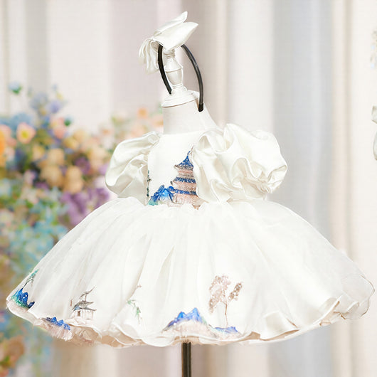 Vestido de Fiesta Infantil Blanco con Mangas Abullonadas de Satén - Image 5