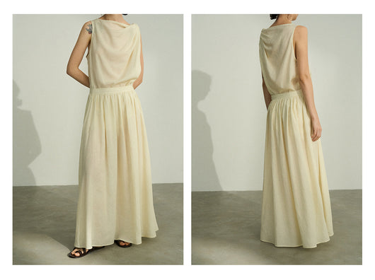 Falda Plisada Tencel Lino Efecto Desteñido con Volumen - Elegancia Moderna para Mujer - Image 24