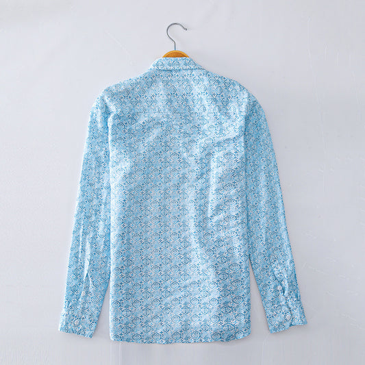 Camisa Casual de Algodón y Lino con Estampado y Cuello Solapa para Hombre - Image 2