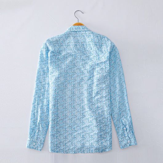 Camisa Casual de Algodón y Lino con Estampado y Cuello Solapa para Hombre - Image 2