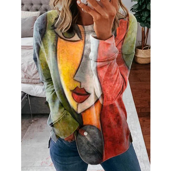 Camiseta Casual Manga Larga Cuello Redondo Estampada para Mujer