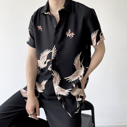 Camisa Retro Estilo Chino con Grúa para Hombre - Manga Corta Verano