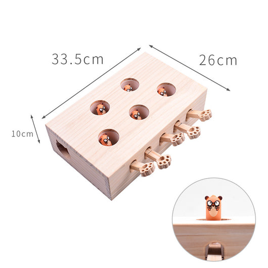 Solid wood whac-a-mole cat toy with 8 holes, featuring small white mouse figures and paw-shaped levers. - Image 4
