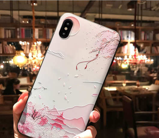 Funda iPhone 8 Plus Estilo Chino con Relieve 3D - Diseño Urraca y Puesta de Sol - Image 3