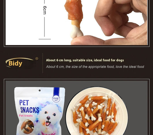 Pet Snacks chicken-wrapped milk bones in a white bag with a fluffy dog, alongside a bowl of treats. - Image 13