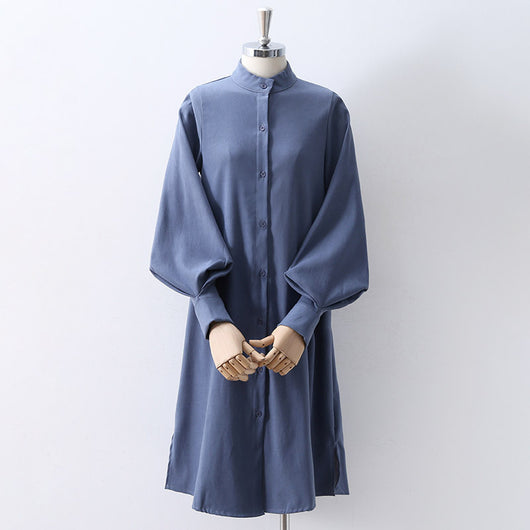 Vestido Camisero con Cuello Alto y Mangas Farol