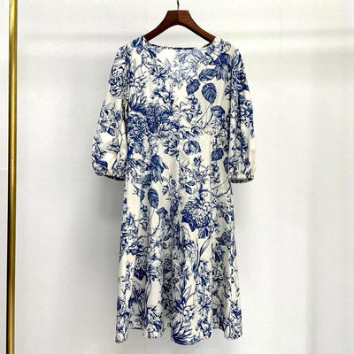Vestido Azul y Blanco con Estampado Porcelana Chino - Cuello V Manga Media