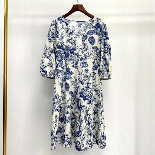 Vestido Azul y Blanco con Estampado Porcelana Chino - Cuello V Manga Media