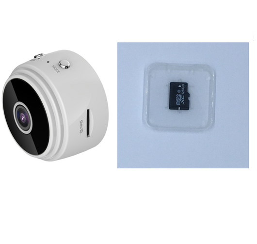White A9 WIFI wireless network camera with a black lens, shown next to a black 32GB microSD card. - Image 17