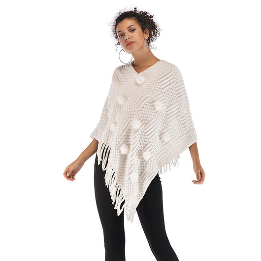 Poncho Tejido con Borlas y Diseño Irregular - Suéter Cape Elegante - Image 5