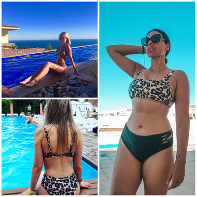 Black push-up bikini top with high-waisted bottoms featuring a white and red leopard print. - Image 32
