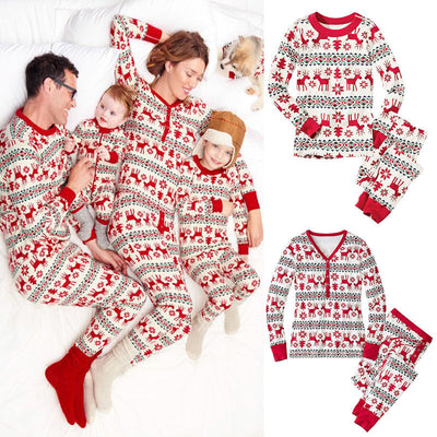 White and red Christmas parent-child pajama set with reindeer, snowflake, and geometric patterns. - Image 2