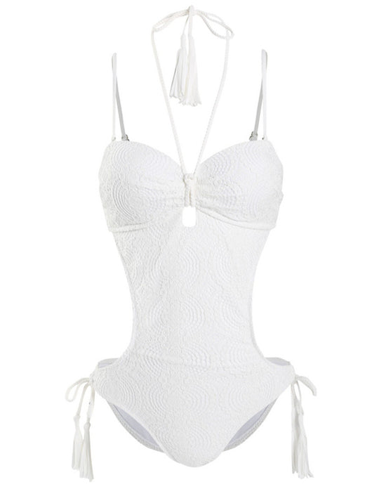 White one-piece swimsuit with textured fabric, halter neck, adjustable straps, side cut-outs, and tassel ties. - Image 11