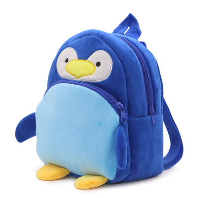 Blue plush penguin backpack for toddlers with a front zipper pocket and adjustable straps. Features white eyes, yellow beak, and yellow feet. - Image 3