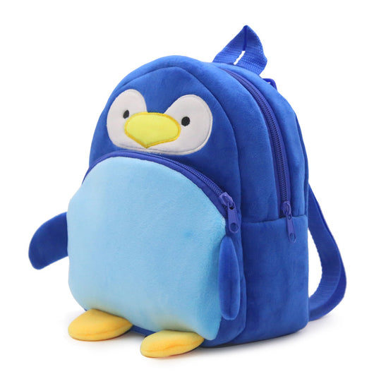 Blue plush penguin backpack for toddlers with a front zipper pocket and adjustable straps. Features white eyes, yellow beak, and yellow feet. - Image 3