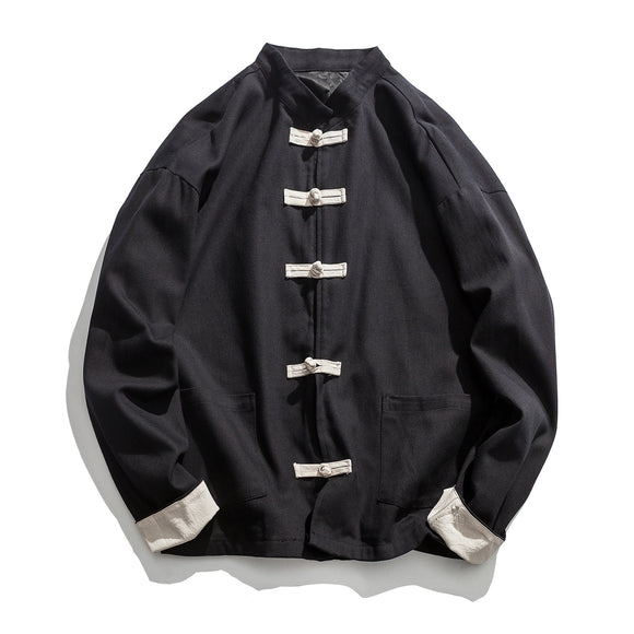 Chaqueta de Lino y Algodón Tang Retro Clásico con Cierre de Disco - Talla Grande Hombre