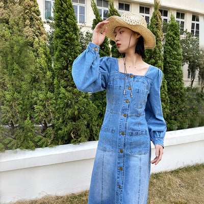 Vestido Denim Cuello Cuadrado Nehe Thirteen Rows