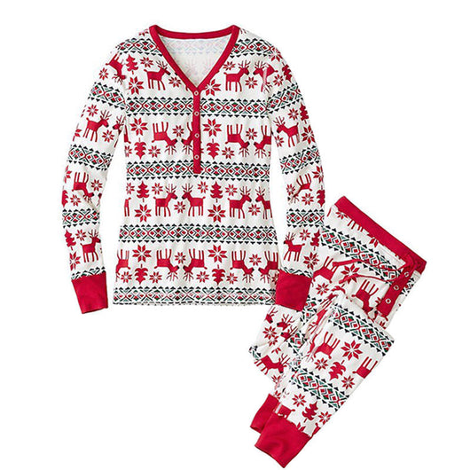 White and red Christmas parent-child pajama set with reindeer, snowflake, and geometric patterns. - Image 5