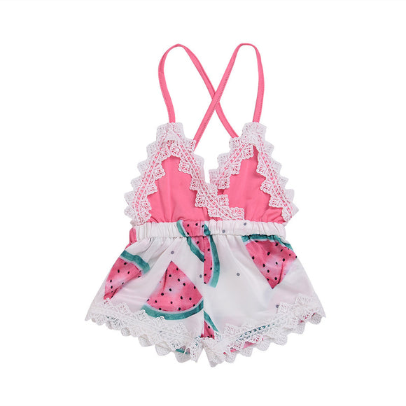 Enterizo Corto de Encaje con Estampado de Sandía y Halter