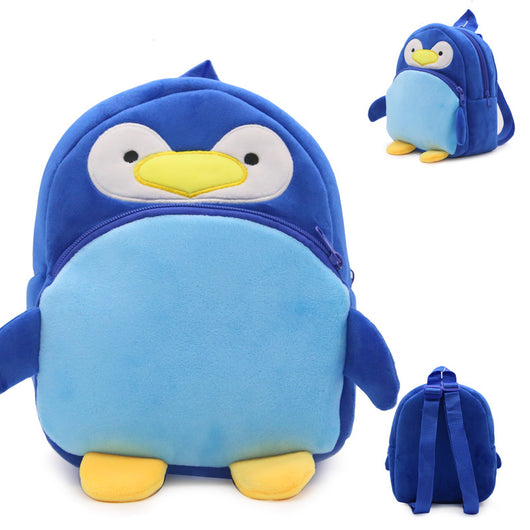 Blue plush penguin backpack for toddlers with a front zipper pocket and adjustable straps. Features white eyes, yellow beak, and yellow feet. - Image 6
