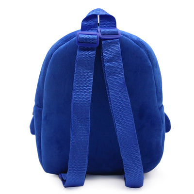 Blue plush penguin backpack for toddlers with a front zipper pocket and adjustable straps. Features white eyes, yellow beak, and yellow feet. - Image 5