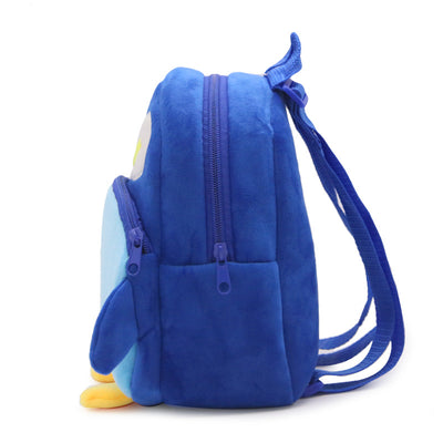 Blue plush penguin backpack for toddlers with a front zipper pocket and adjustable straps. Features white eyes, yellow beak, and yellow feet. - Image 4