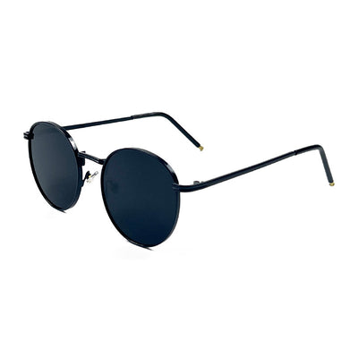 Round red lens sunglasses with a gold metal frame and black temple tips on a white background. - Image 8