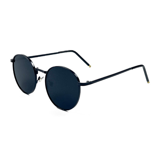 Round red lens sunglasses with a gold metal frame and black temple tips on a white background. - Image 8