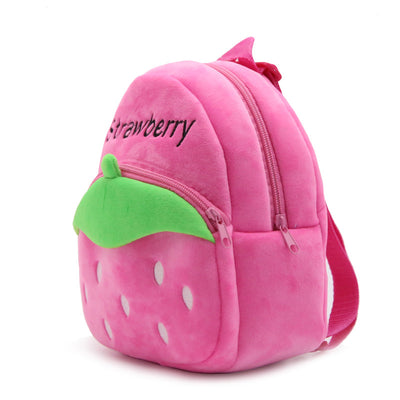 Red plush strawberry backpack for toddlers with green leaf accents, white 'seeds', and adjustable straps. - Image 5