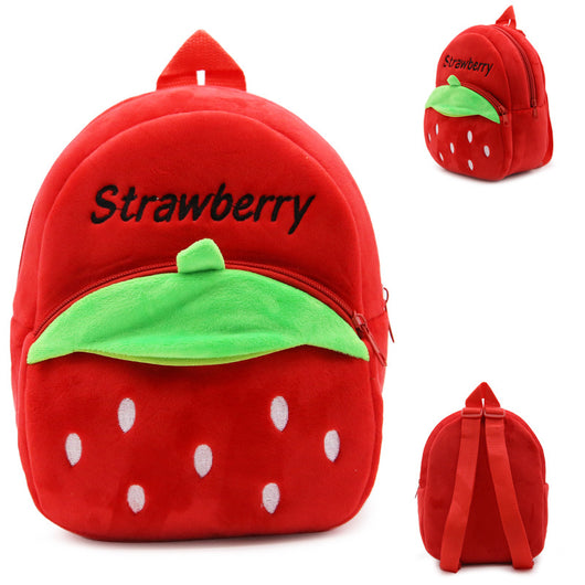 Red plush strawberry backpack for toddlers with green leaf accents, white 'seeds', and adjustable straps. - Image 2