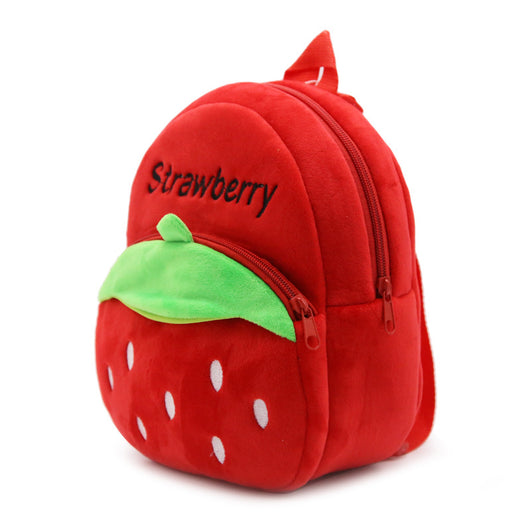 Red plush strawberry backpack for toddlers with green leaf accents, white 'seeds', and adjustable straps. - Image 3