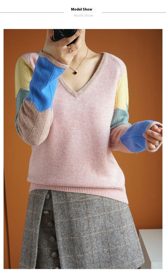 Suéter de Lana con Contraste de Colores para Mujer - Cuello V Térmico - Image 11