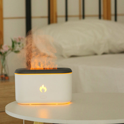 Dark gray rectangular ultrasonic aroma diffuser with rounded corners and a flame icon on the front, featuring an open top. - Image 9