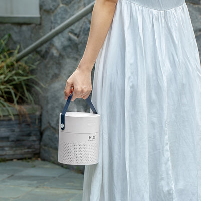 Light gray cylindrical humidifier with perforated lower section and control buttons on top, featuring "H₂O HUMIDIFIER" text. - Image 2