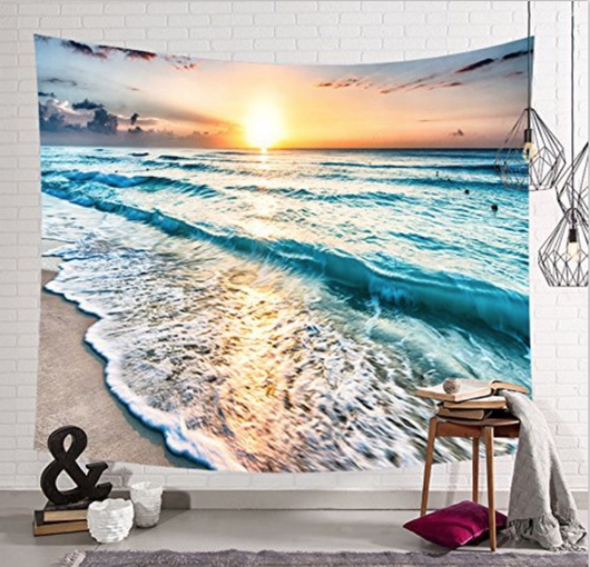 Wall tapestry featuring a vibrant starry night sky seen through the dark silhouettes of tall forest trees.