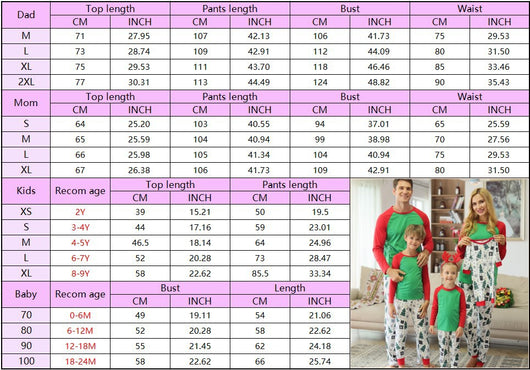 Family of four in matching red and green Christmas pajamas with tree and gift prints, mother holds baby romper. - Image 6