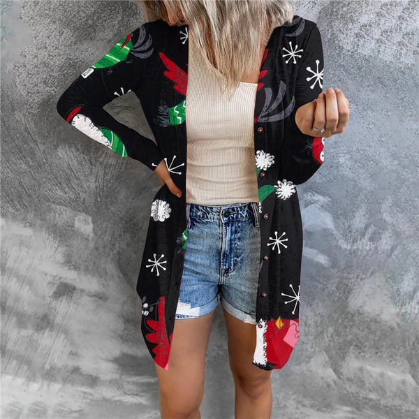 Cardigan Largo con Estampado Navideño y Botones