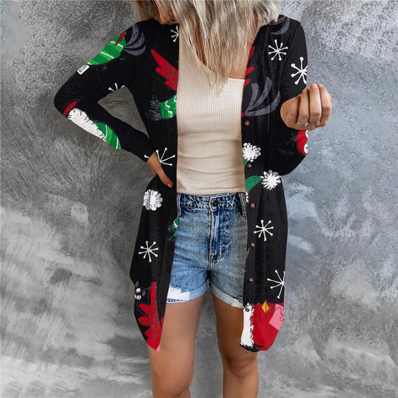 Cardigan Largo con Estampado Navideño y Botones