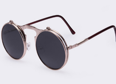 Retro flip-up sunglasses with round dark polarized lenses and a gold-tone metal frame with dark red temples. - Image 6