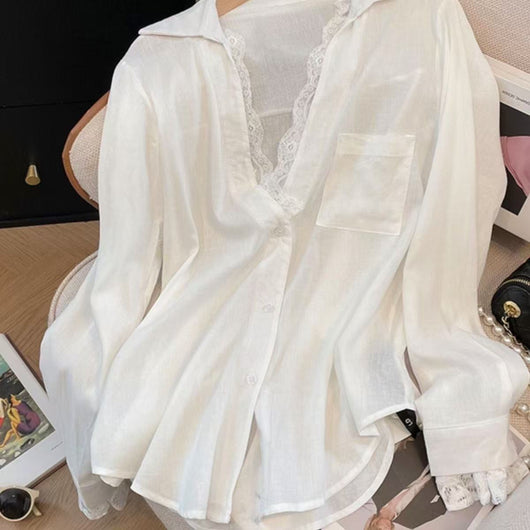 Blusa Larga de Manga Larga con Paneles de Encaje Efecto Dos Piezas - Image 7