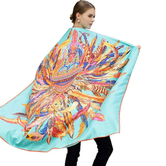 Pañuelo de Seda Sintética con Diseño de Plumas Indígenas para Mujer