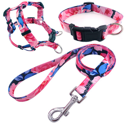 Blue geometric pattern pet collar, harness, and leash three-piece set with black buckles and silver hardware. - Image 5
