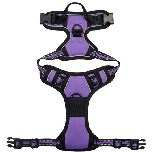 Red and black dog harness with reflective strips, adjustable straps, and a top handle for secure pet control. - Image 13
