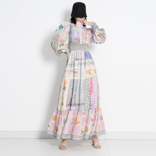 Vestido Largo Estilo Resort con Cuello de Pie y Mangas Largas Estampado para Mujer - Image 2