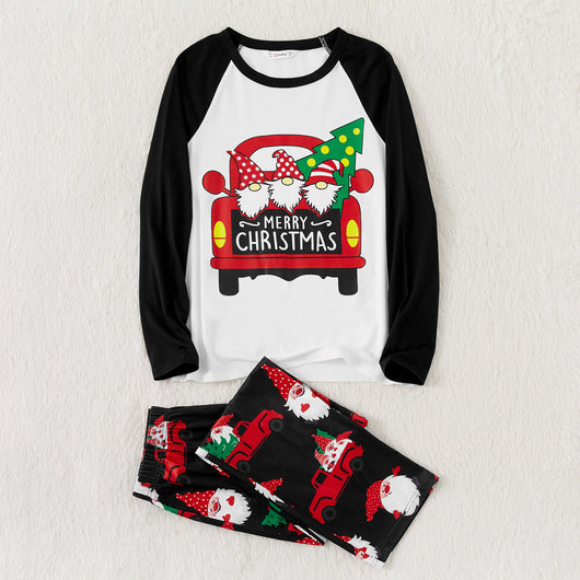 White and black raglan long-sleeve Christmas pajama top with red truck and gnome graphic, black gnome print pajama pants. - Image 9