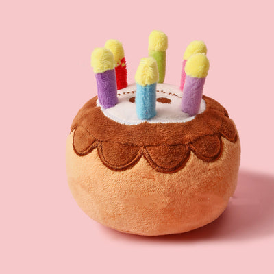 Plush pet birthday cake toy with colorful candles, featuring brown cake layers and white frosting. - Image 3
